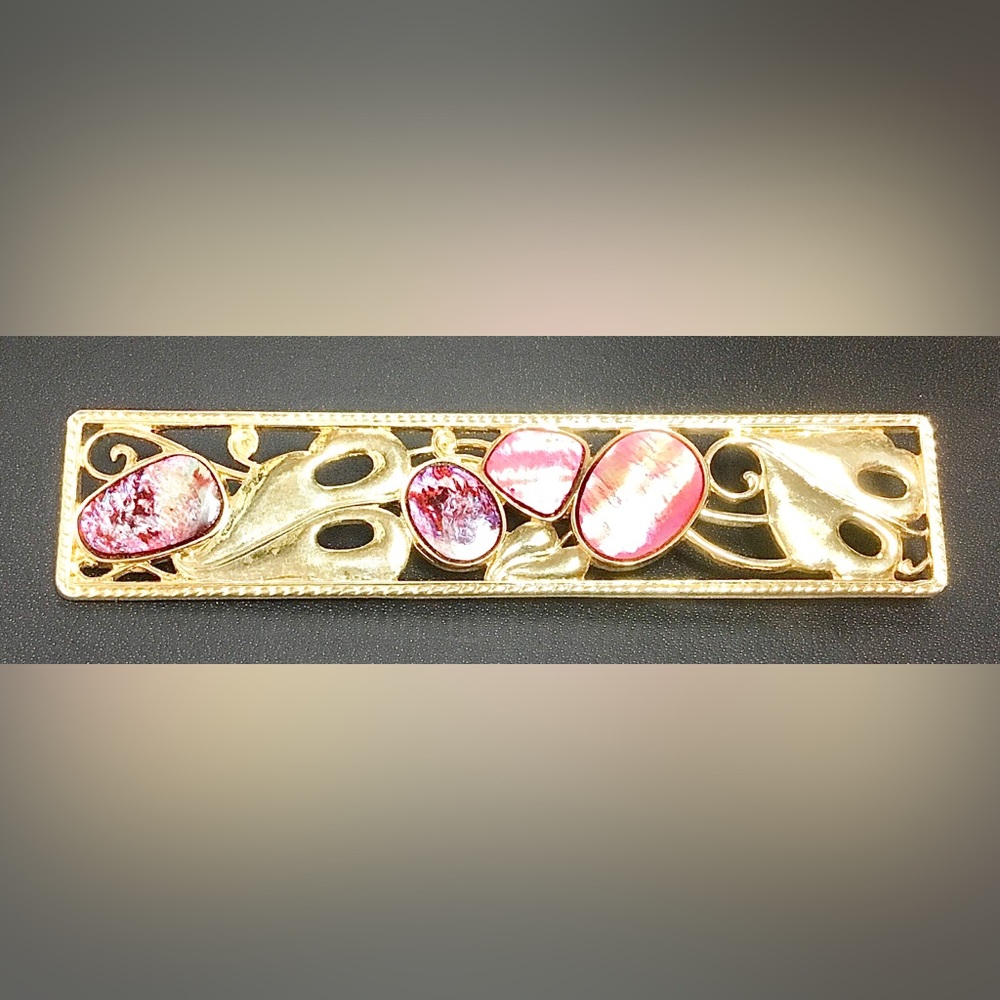 Vintage Nuri Gold-tone Abalone Mother of Pearl Costume Bar Brooch